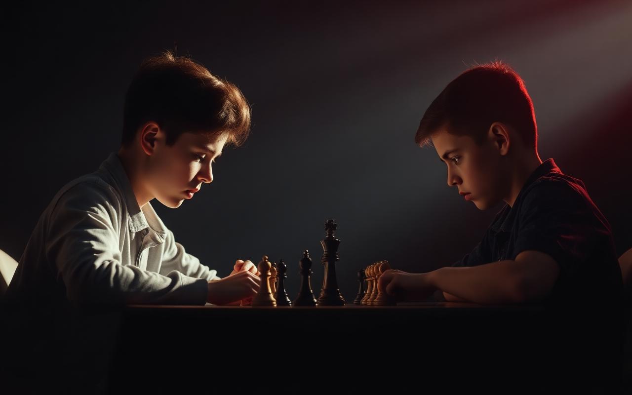 Dois jovens enxadristas concentrados durante uma partida