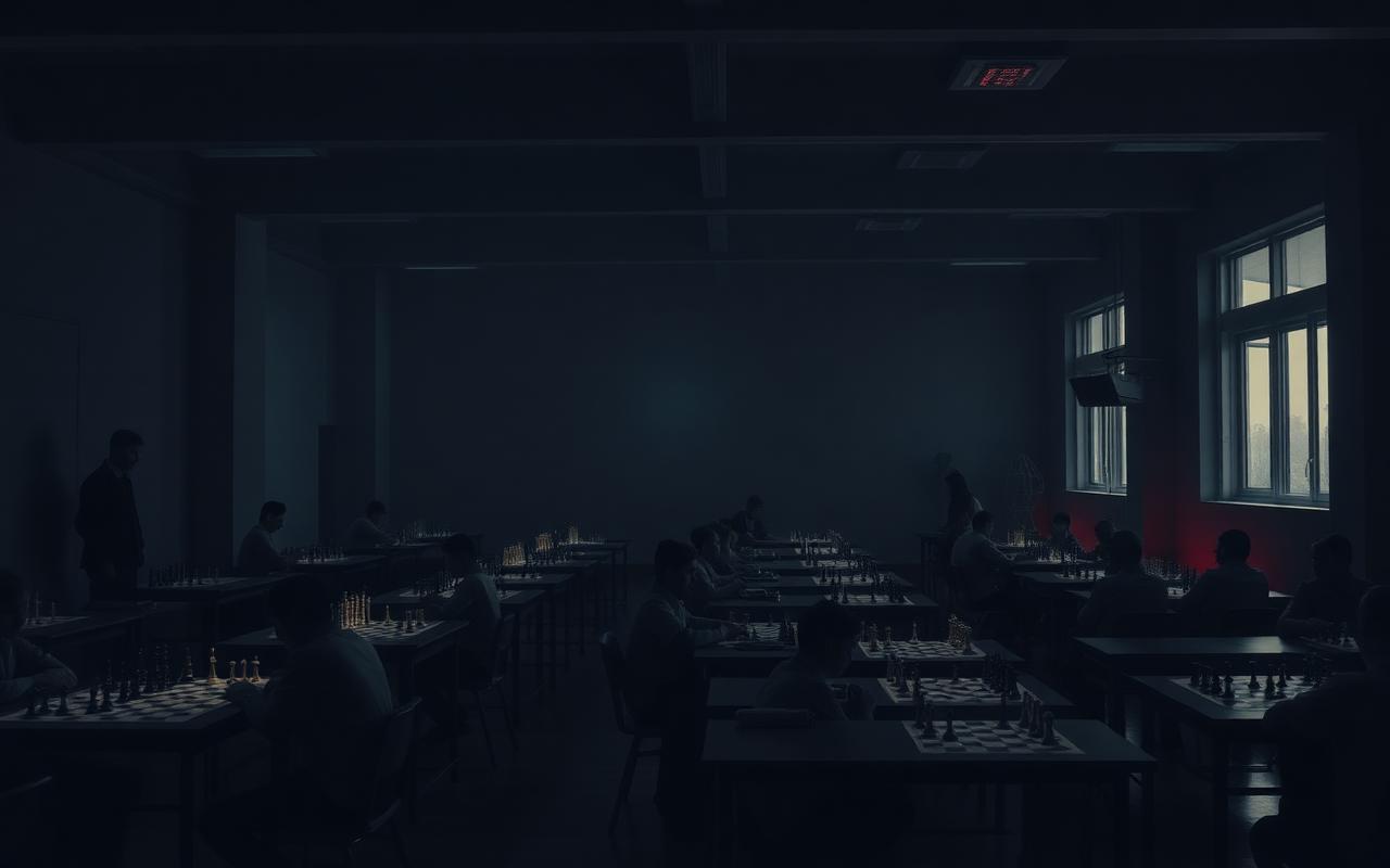 Salão de torneio escolar de xadrez com várias mesas em disputa